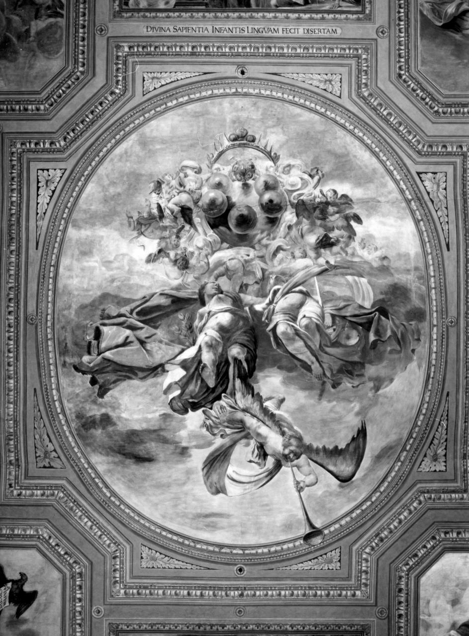 stemma gentilizio della famiglia Medici e figure della Fama, Giustizia e Pace (dipinto) di Liberi Pietro (sec. XVII)