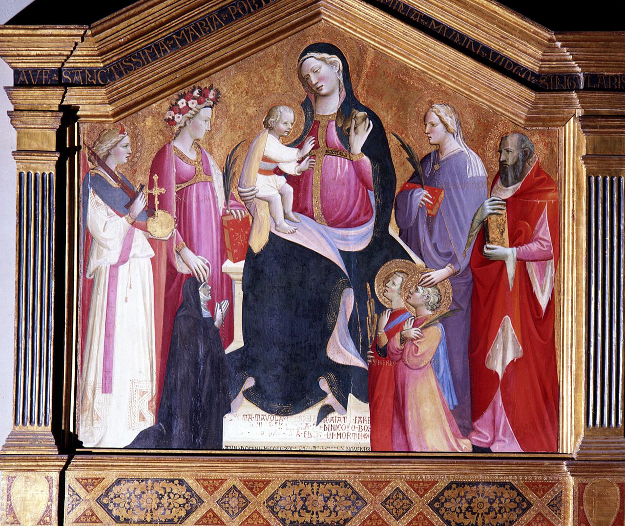 Madonna con Bambino tra San Michele arcangelo, Santa Cecilia, Santa Domitilla, San Girolamo, San Nereo, Sant'Achilleo (dipinto) di Dal Ponte Giovanni (sec. XV)