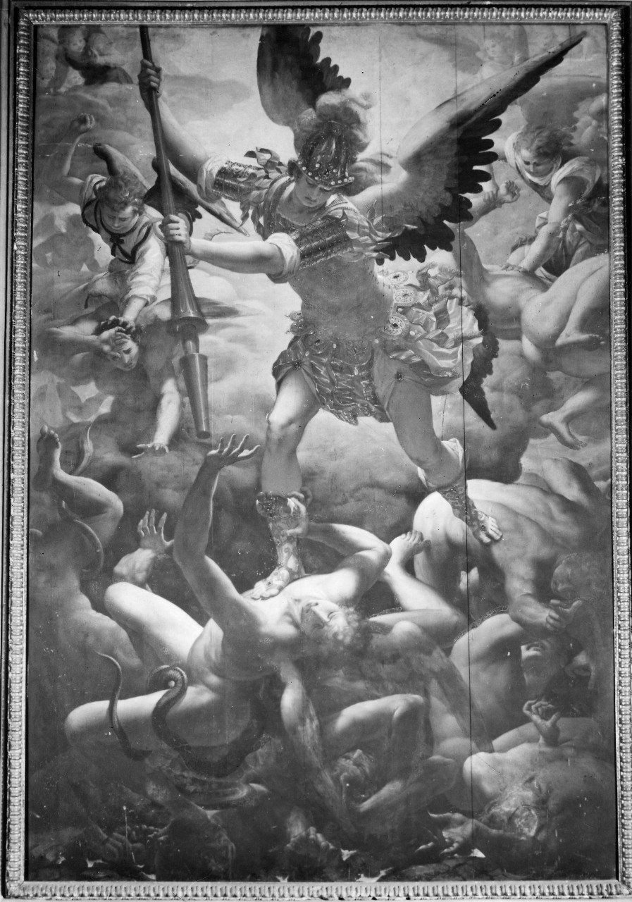 San Michele Arcangelo scaccia gli angeli ribelli dal paradiso (dipinto) di Paggi Giovanni Battista (fine sec. XVI)