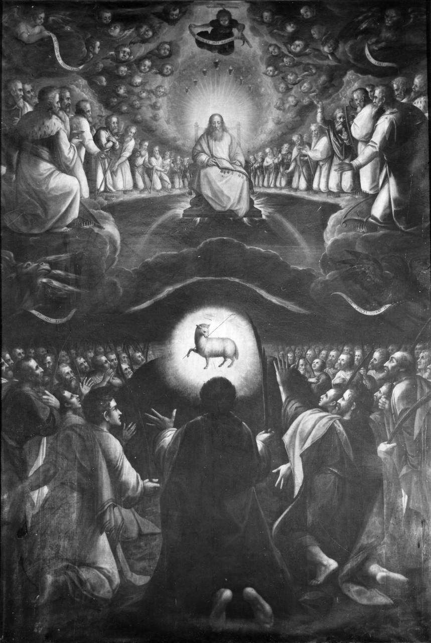 Cristo in trono con il tetramorfo e i ventiquattro seniori dell'Apocalisse (dipinto) di Carlini Alberico (attribuito) (sec. XVIII)
