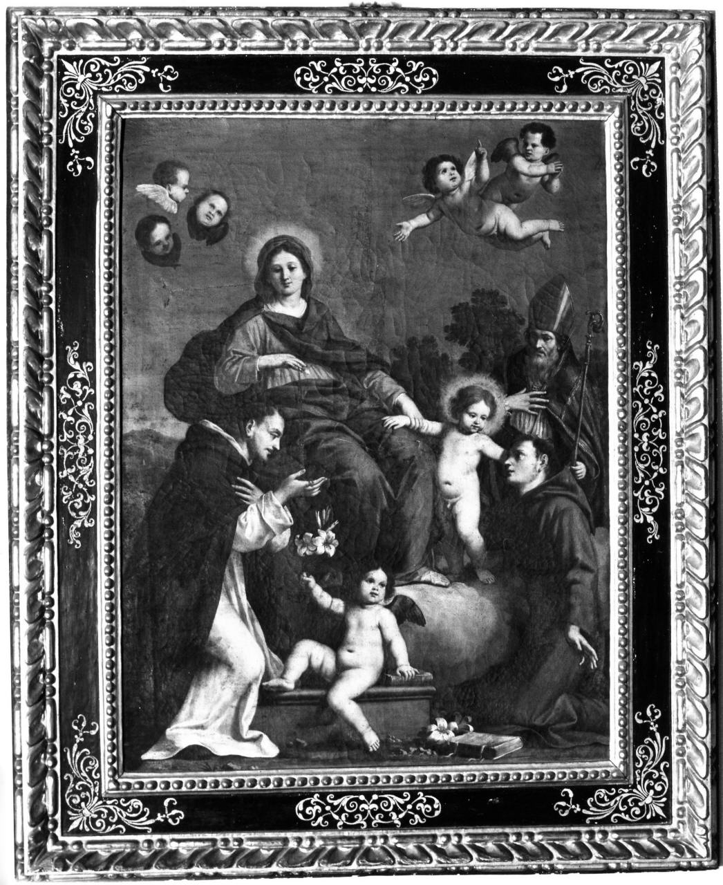 Madonna del Rosario con San Domenico, San Francesco d'Assisi e Sant'Atto (dipinto) di Gimignani Giacinto, Gemignani Lodovico (sec. XVII)