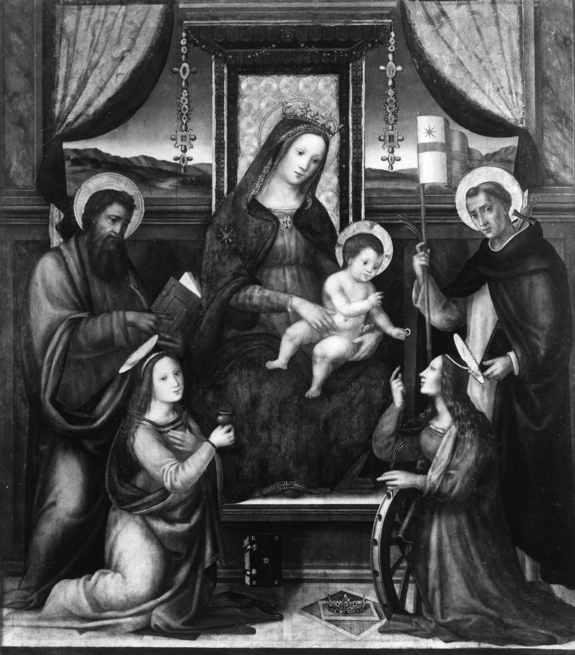 Madonna con Bambino in trono con San Bartolomeo, Santa Maria Maddalena, San Pietro e Santa Caterina (dipinto) di Signoroccio Paolo detto Fra' Paolino (attribuito) (sec. XVI)