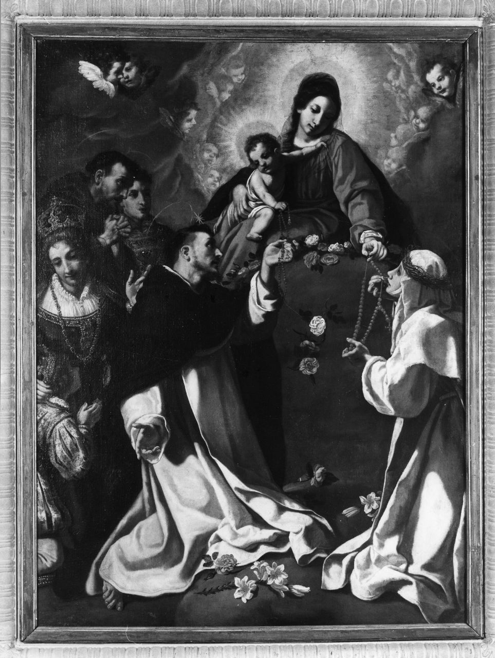 Madonna del Rosario con San Domenico, Santa Caterina da Siena, San Francesco d'Assisi e San Lorenzo (dipinto) di Vignali Jacopo (attribuito) (sec. XVII)
