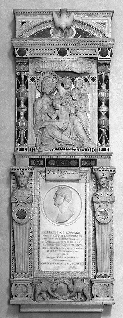 Madonna con bambino e angeli, ritratto di profilo di Francesco Lombardi (cenotafio) di Bardi Donato detto Donatello (e aiuti), Santarelli Emilio (sec. XIX)