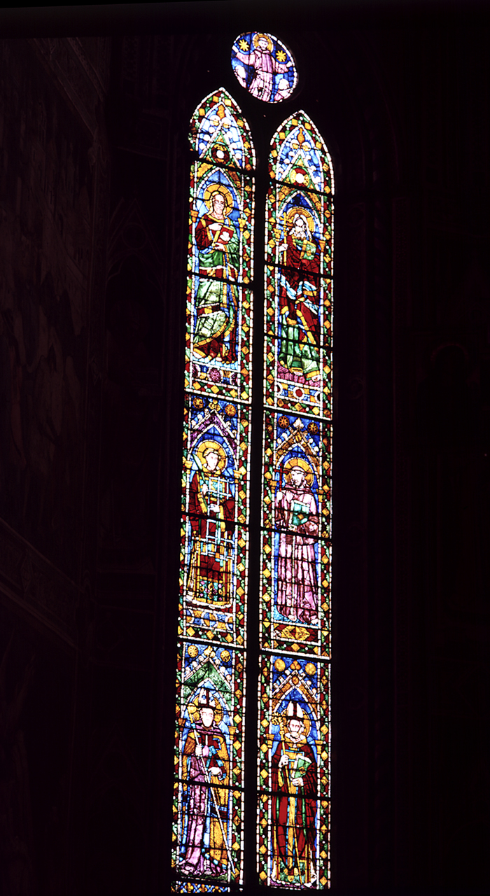 San Francesco d'Assisi appare a Sant'Antonio da Padova durante un sermone; Santi (vetrata) di Pacino di Buonaguida, Gaddi Agnolo (sec. XIV)