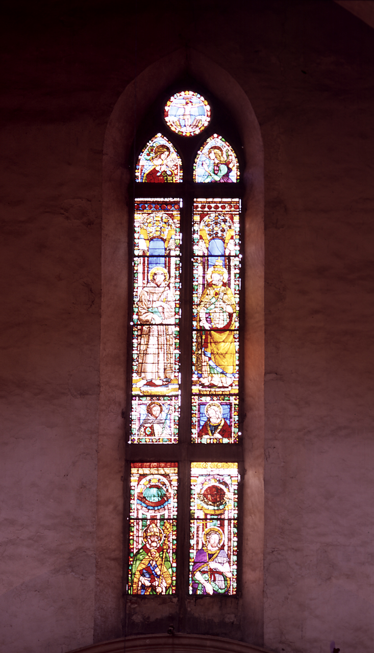 Santi, annunciazione, Cristo crocifisso (vetrata) di Manifattura dei frati ingesuati (sec. XVI)