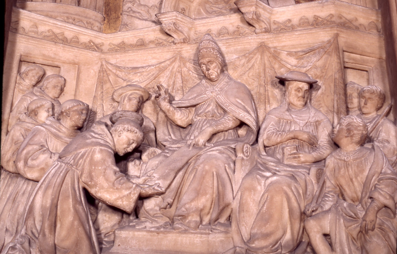 San Francesco d'Assisi predica davanti a papa Onorio III (rilievo) di Benedetto da Maiano (sec. XV) 