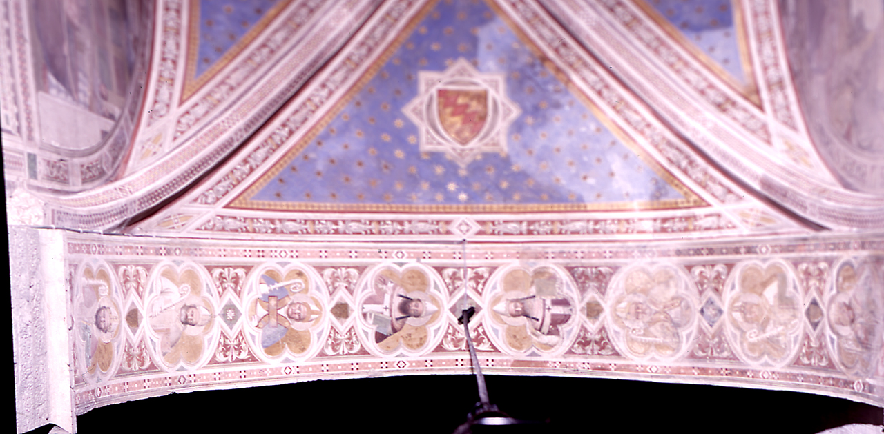 cornice architettonica con busti di Santi vescovi e Santi papi (dipinto) di Maso di Banco (sec. XIV) 