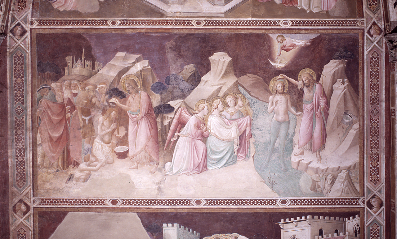 San Giovanni Battista battezza un neofita, battesimo di Cristo (dipinto) di Gaddi Agnolo (e aiuti) (sec. XIV)