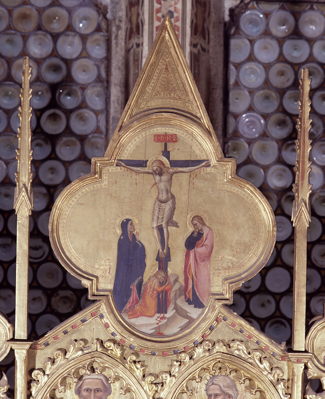 crocifissione di Cristo con la Madonna, San Giovanni Evangelista e Santa Maria Maddalena (cimasa di polittico) di Giovanni del Biondo (sec. XIV)