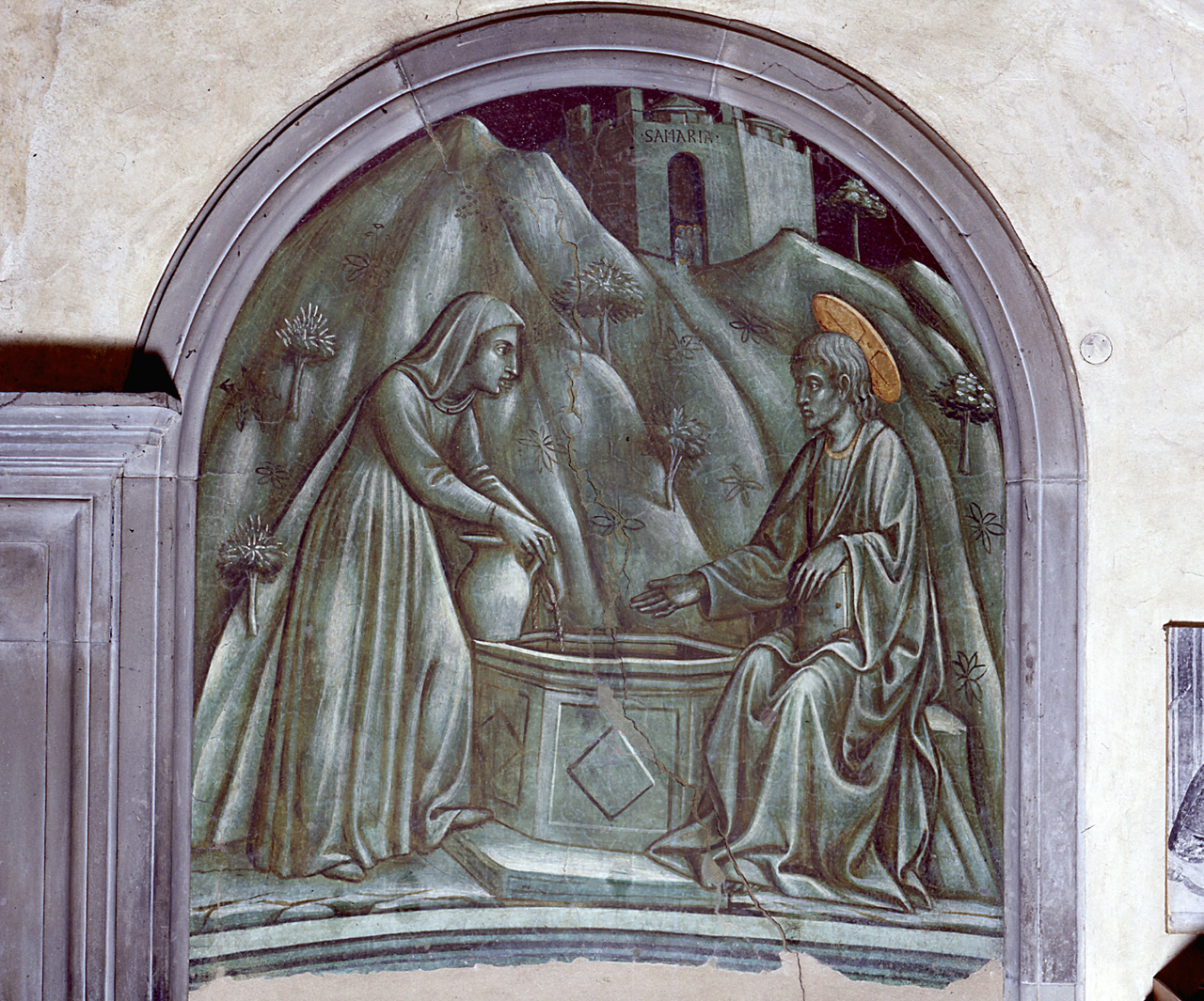 Cristo e la samaritana al pozzo (dipinto) di Badaloni Paolo detto Paolo Schiavo (sec. XV)