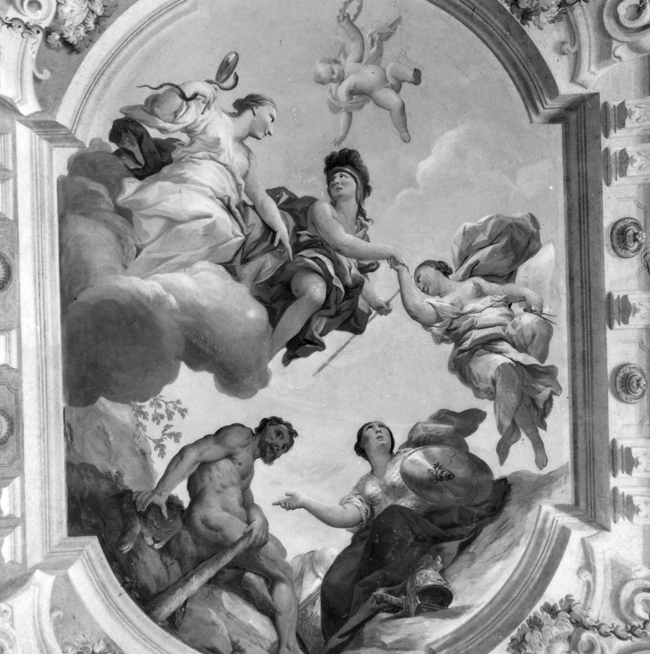 la Prudenza indica il Valore guerriero e la Sapienza al marchese Feroni (soffitto dipinto) di Dandini Pietro (bottega) (sec. XVII)