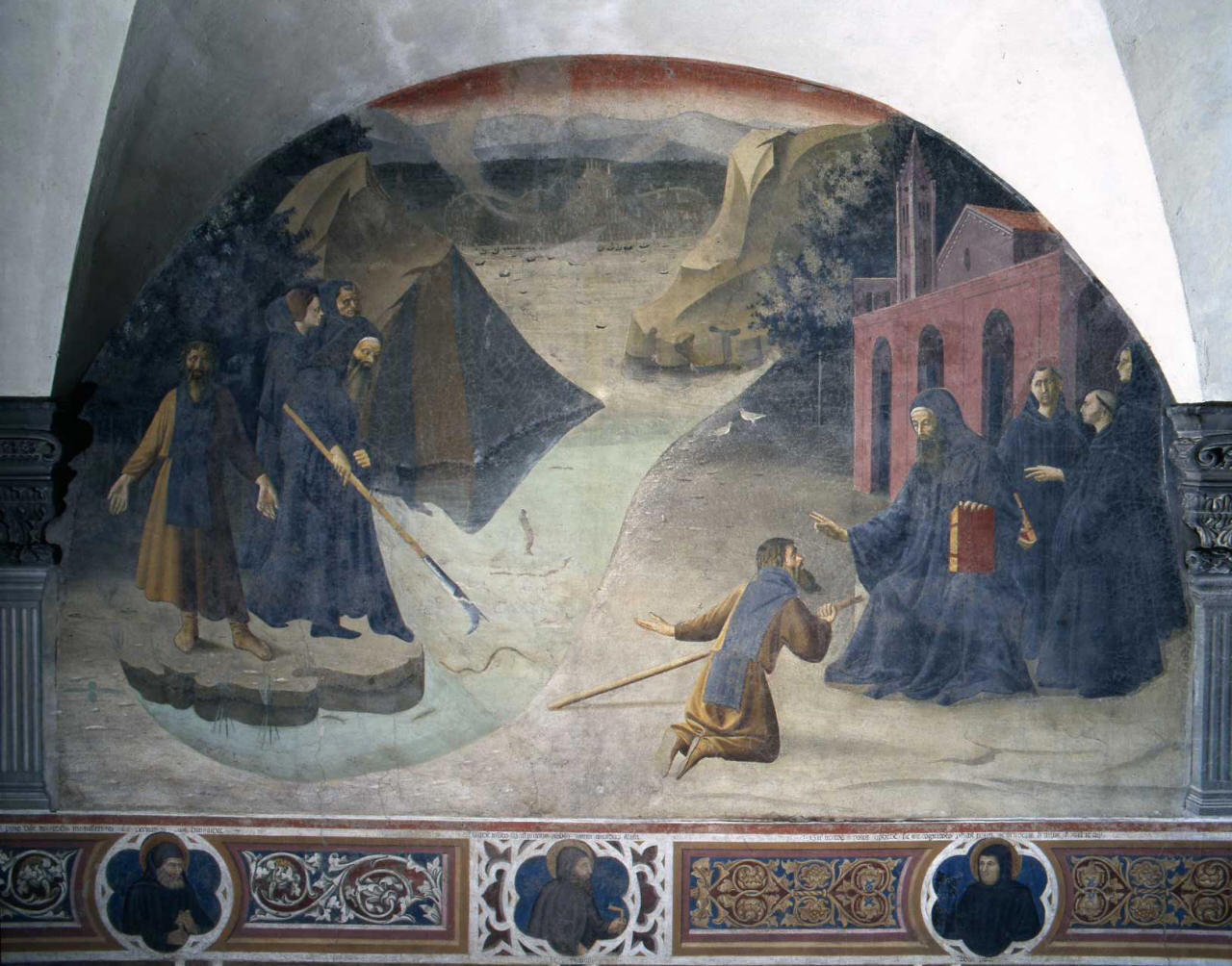 San Benedetto recupera la falce caduta nel lago (dipinto) di Maestro del Chiostro degli Aranci (attribuito) (sec. XV)