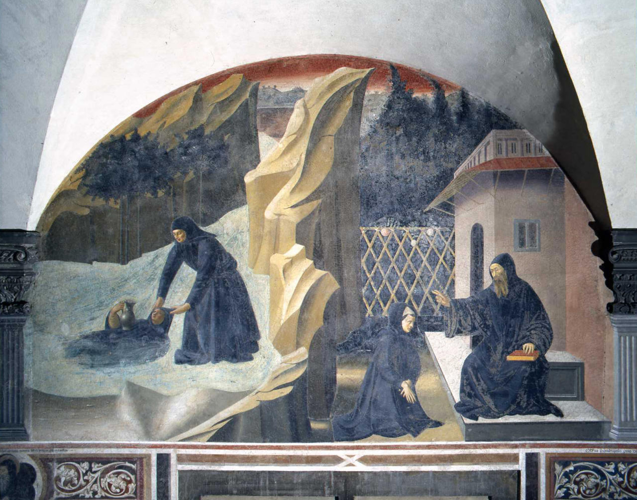 San Benedetto accoglie San Mauro e San Placido fanciulli (dipinto) di Maestro del Chiostro degli Aranci (attribuito) (sec. XV)