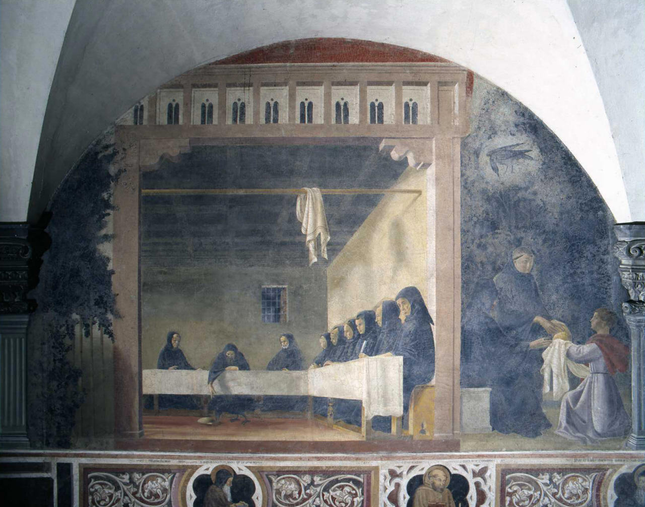 un corvo porta via il pane avvelenato offerto da prete Fiorenzo a San Benedetto (dipinto) di Maestro del Chiostro degli Aranci (attribuito) (sec. XV)