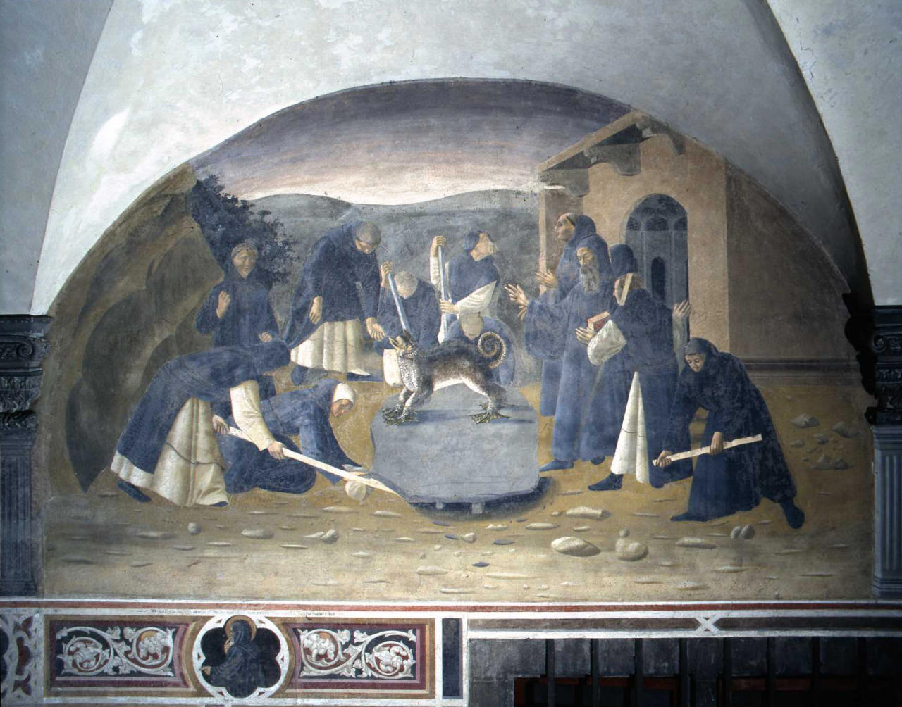San Benedetto scaccia il diavolo (dipinto) di Maestro del Chiostro degli Aranci (attribuito) (sec. XV)