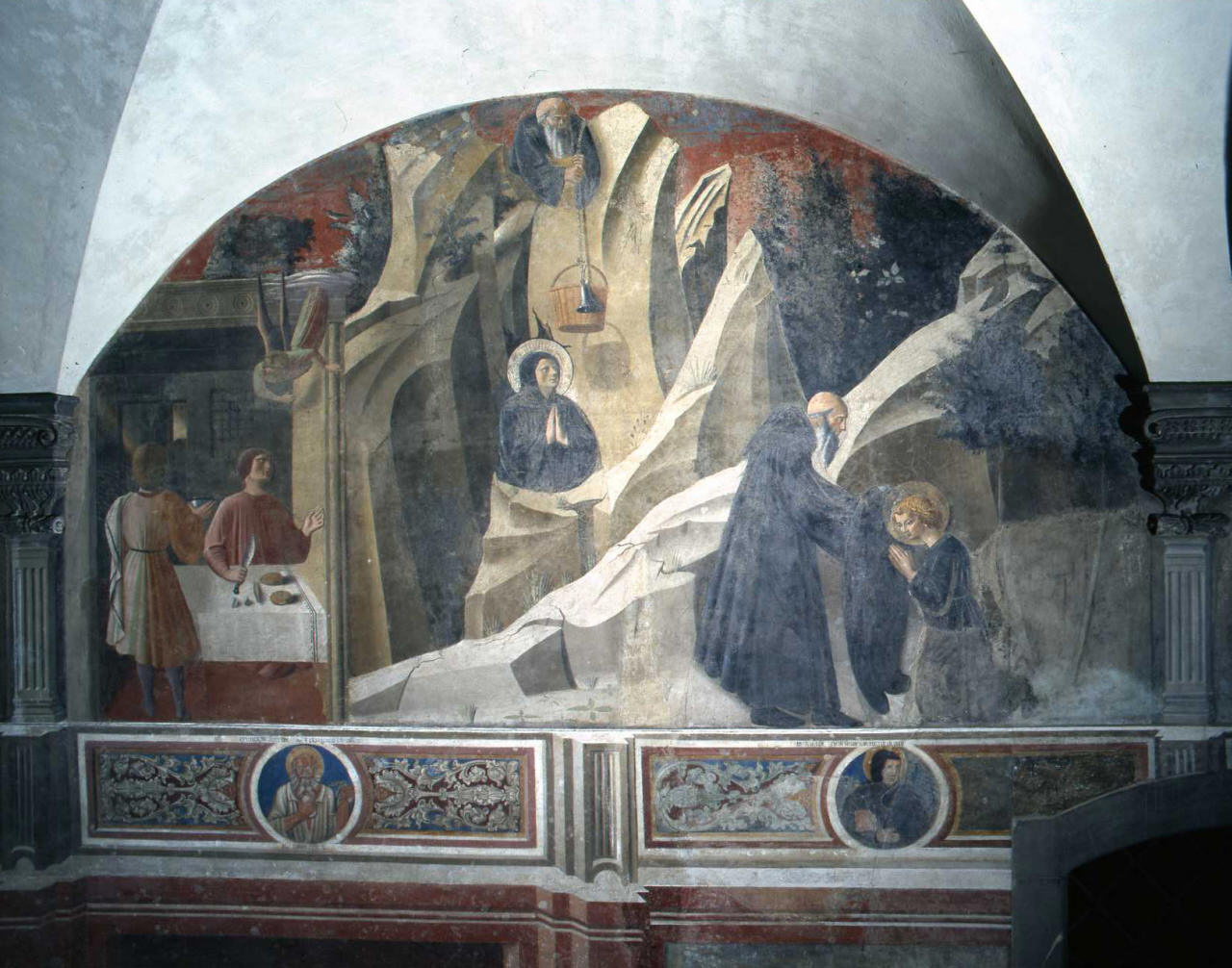 San Benedetto nella spelonca nutrito dal monaco Romano (dipinto) di Maestro del Chiostro degli Aranci (attribuito) (sec. XV)