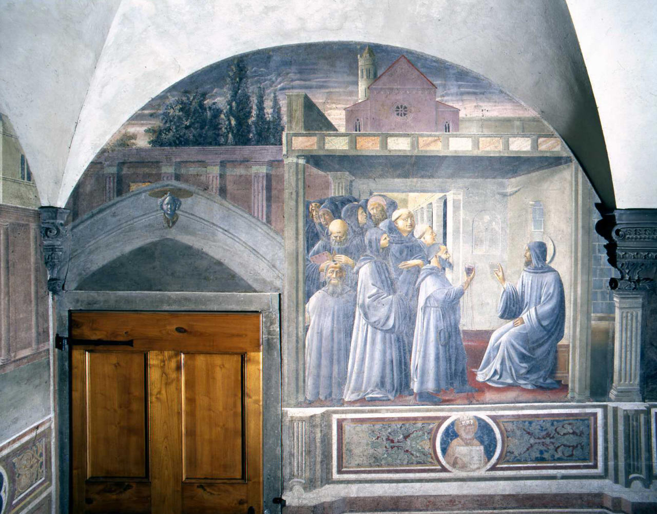 San Benedetto benedice il vino avvelenato (dipinto) di Maestro del Chiostro degli Aranci (attribuito) (sec. XV)