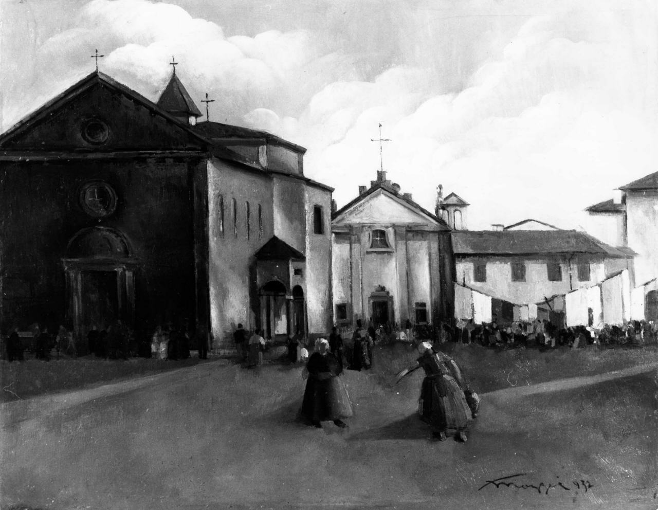 Piazza S. Lorenzo, veduta di Pistoia (dipinto) di Mazzei Luigi (sec. XX)