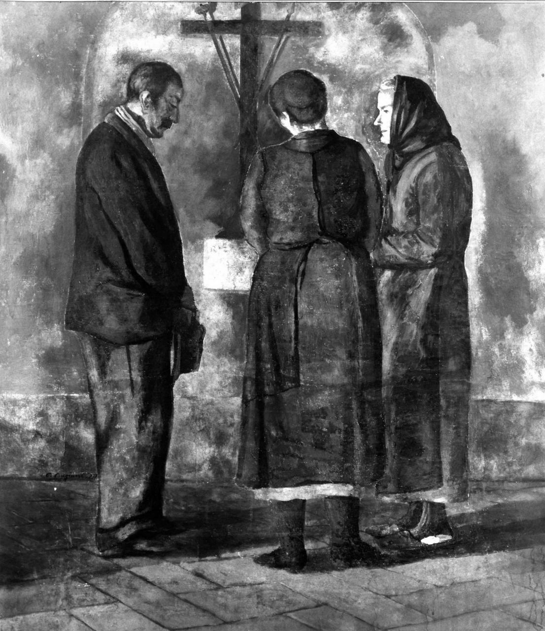 Preghiera, tre personaggi in preghiera di fronte ad un tabernacolo con la Croce (dipinto) di Bugiani Pietro (prima metà sec. XX)