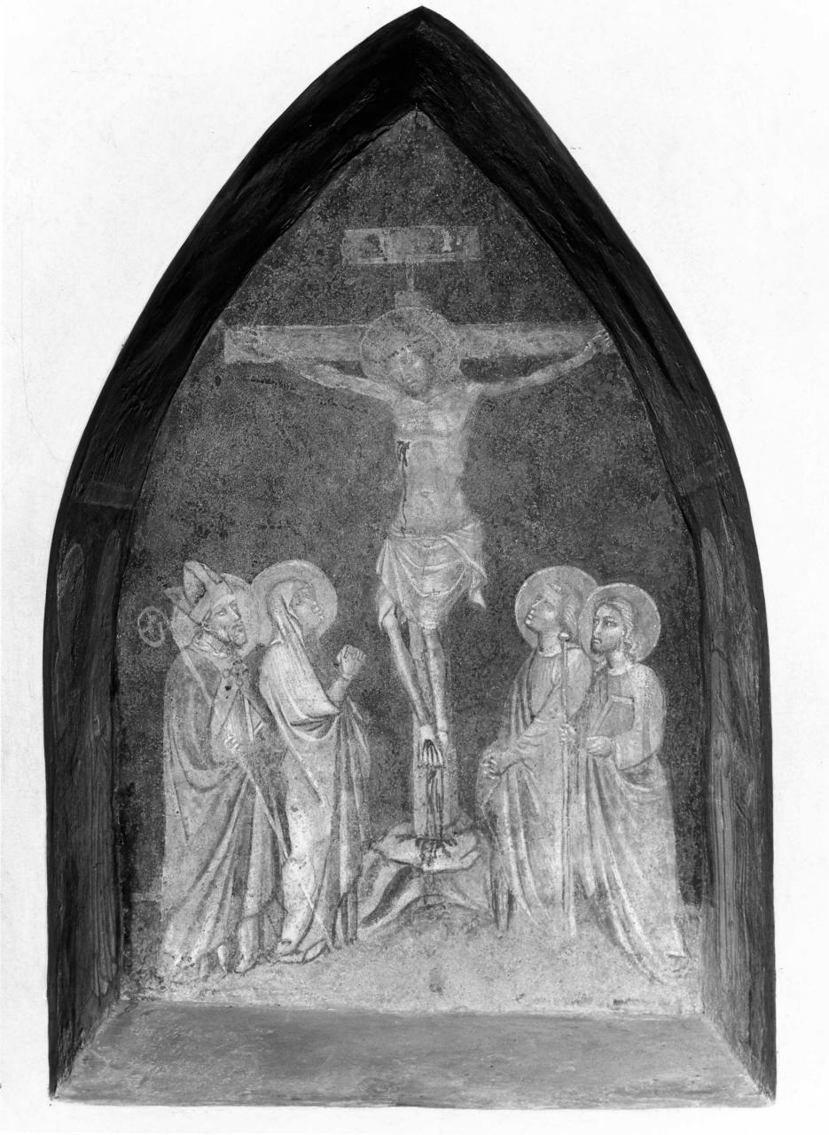 crocifissione di Cristo con la Madonna, San Giovanni, San Jacopo, San Zeno e Santi (dipinto) - ambito pistoiese (seconda metà sec. XIV)