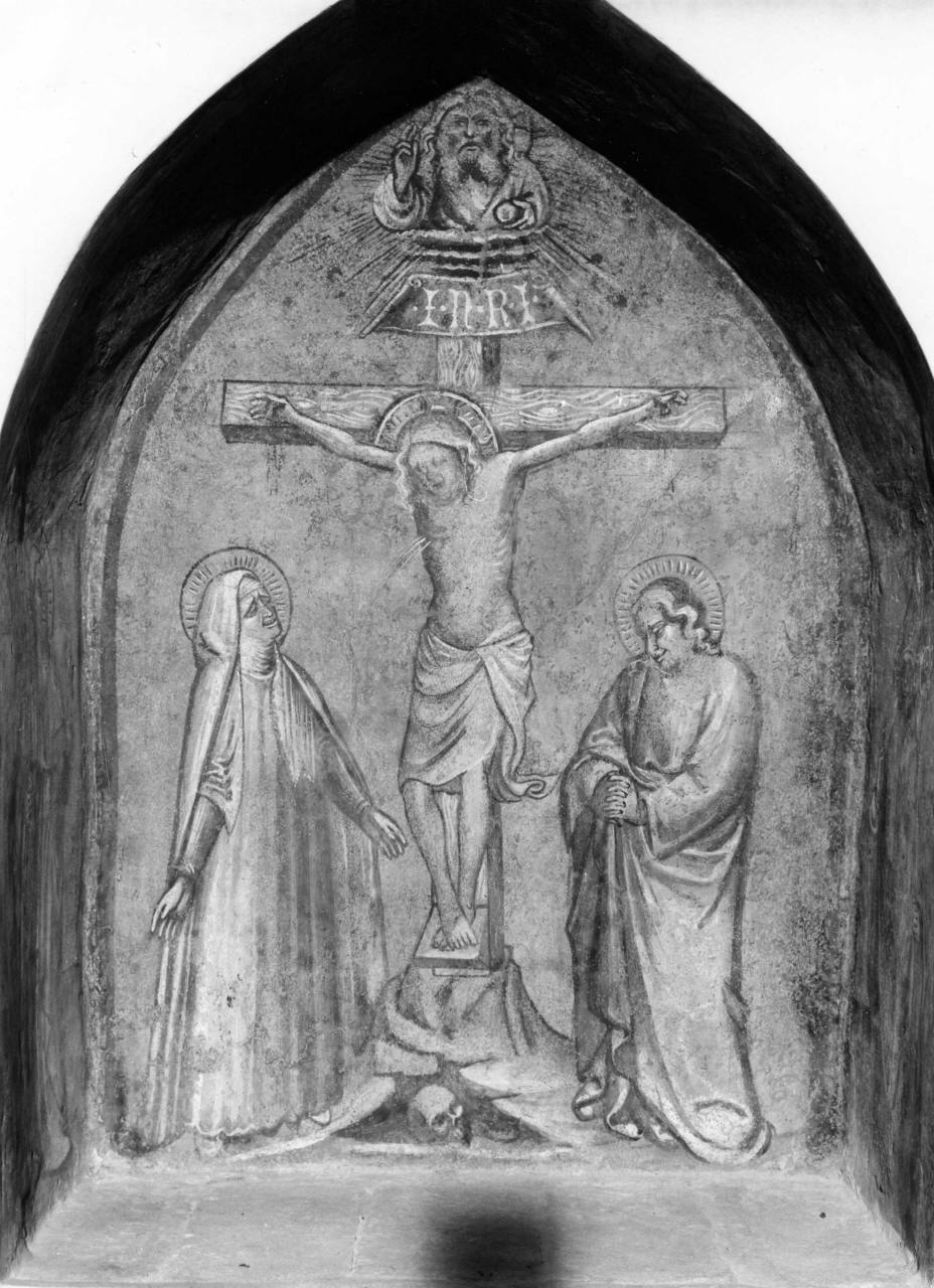crocifissione di Cristo con la Madonna, San Giovanni, San Jacopo, San Zeno e Santi (dipinto) - ambito pistoiese (fine sec. XIV)
