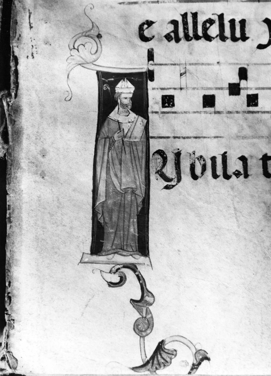 Santo Vescovo, lettera I (miniatura) - bottega fiorentina (fine sec. XIII)