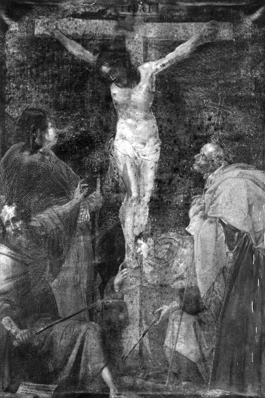 Cristo crocifisso con San Giacomo, san Paolo, San Pietro Apostolo e San Pietro martire (dipinto) - ambito fiorentino (sec. XVII)