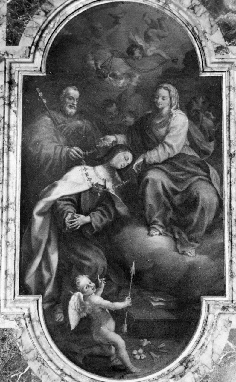 Santa Teresa riceve il rosario dalla Vergine e da San Giuseppe (dipinto) di Marchesini Pietro detto Ortolanino (attribuito) (secondo quarto sec. XVIII)