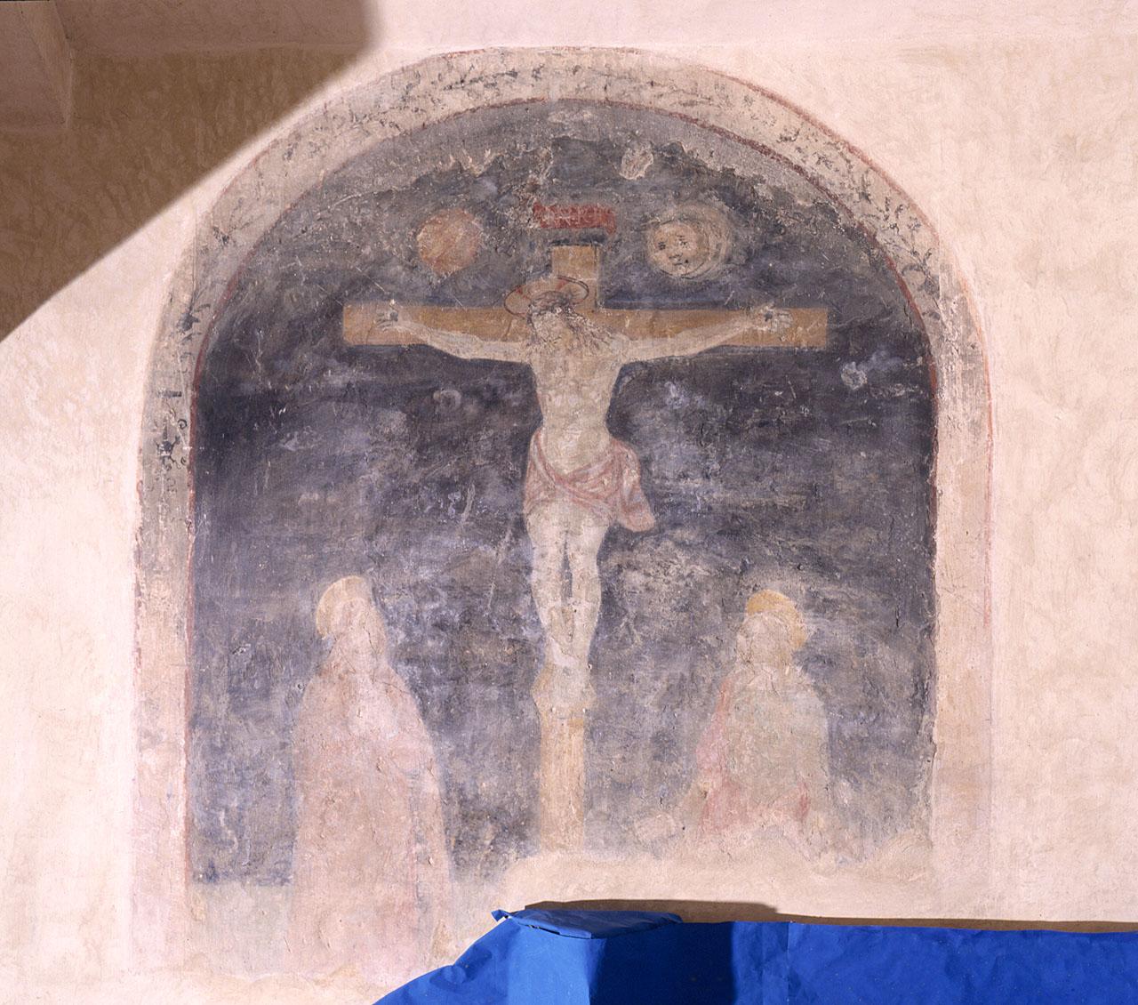 crocifissione di Cristo con la Madonna, San Giovanni Evangelista, Stephaton e Longino (dipinto) - bottega fiorentina (prima metà sec. XV)