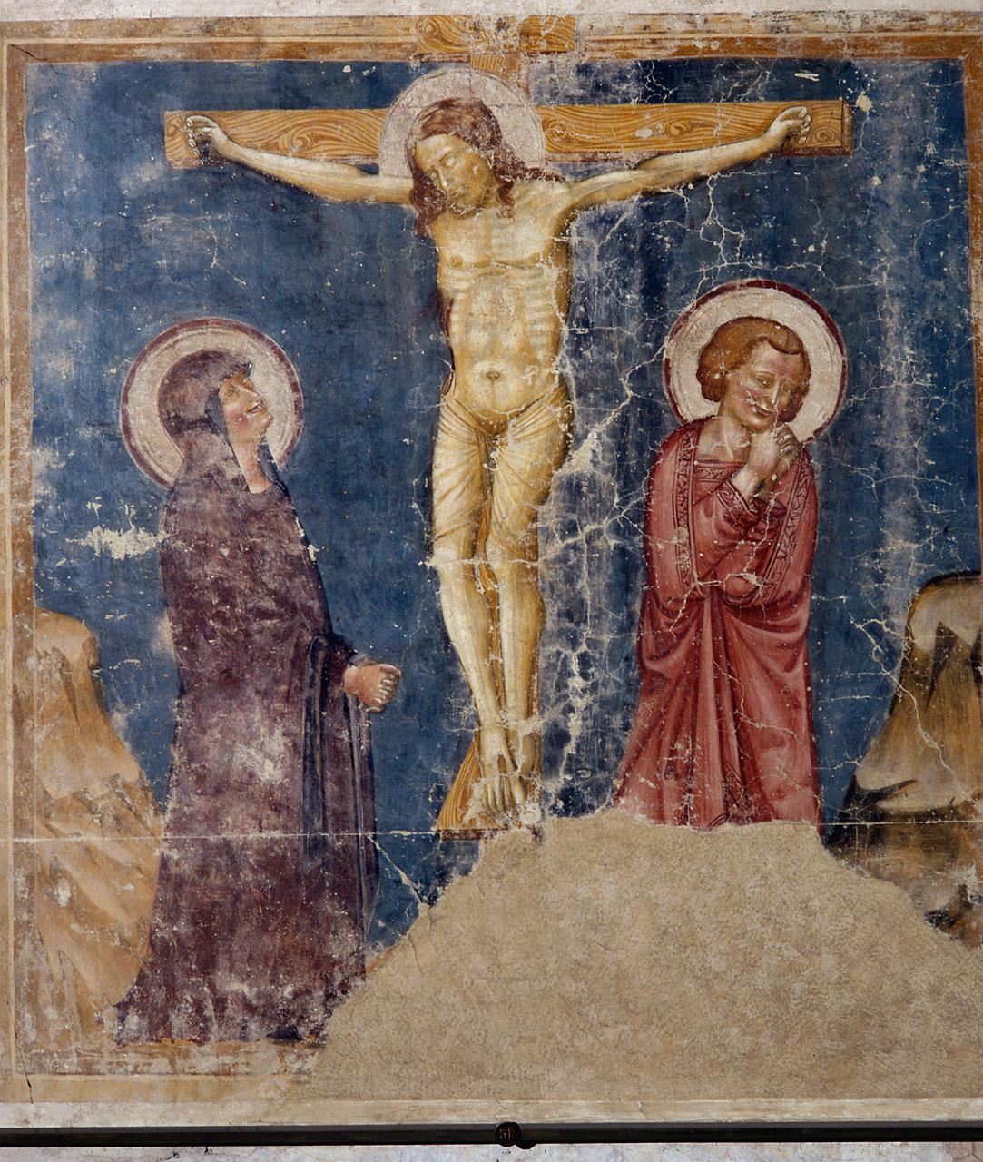 crocifissione di Cristo con la Madonna, San Giovanni Evangelista, Stephaton e Longino (dipinto) - ambito veneto (sec. XIV)