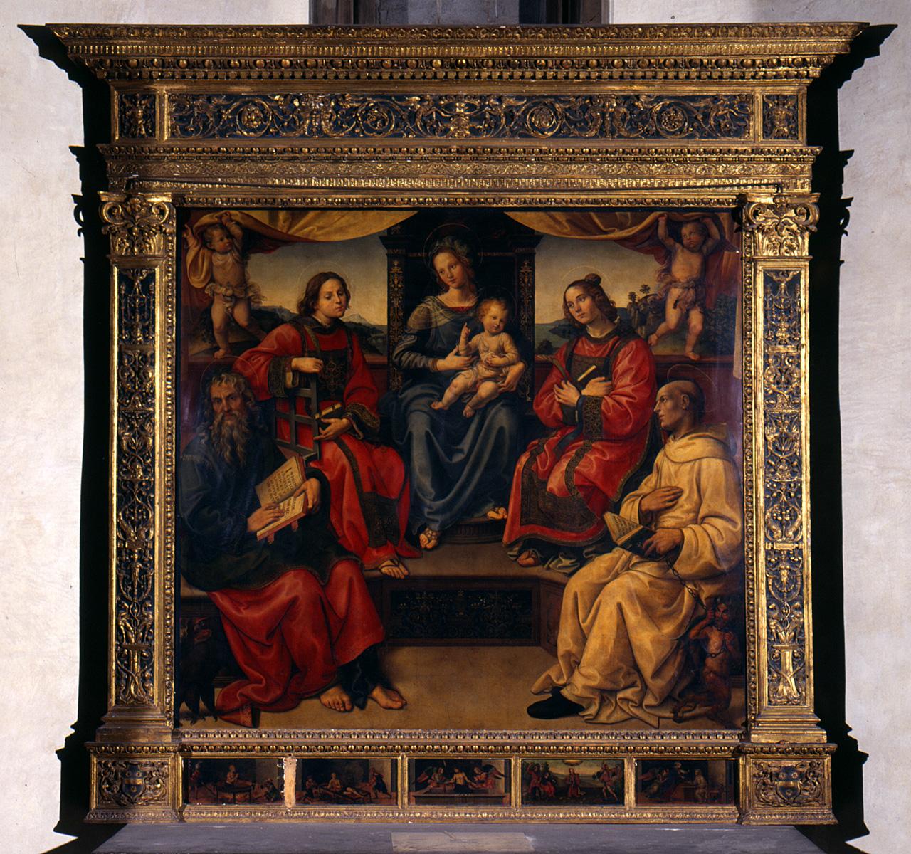 Madonna con Bambino in trono con San Giovanni evangelista, San Lorenzo, Santo Stefano e San Bernardo, Cristo in pietà e angeli, martirio di San Giovanni evangelista, martirio di San Lorenzo, martirio di Santo Stefano, visione di San Bernardo (dipinto) di Carli Raffaello detto Raffaellino del Garbo (sec. XVI)