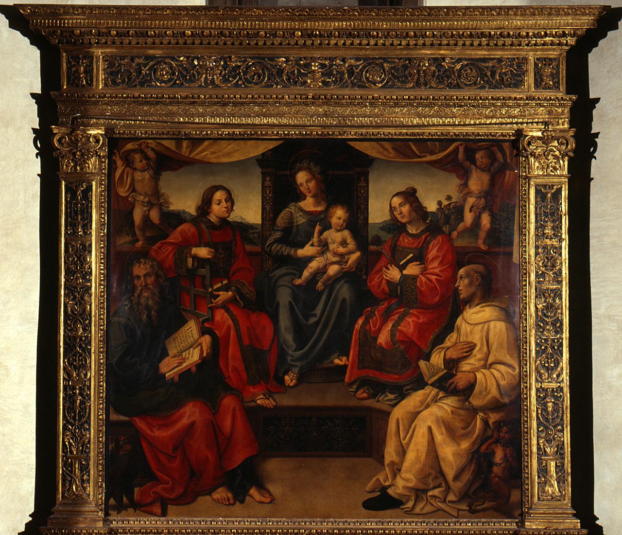 Madonna con Bambino in trono con San Giovanni evangelista, San Lorenzo, Santo Stefano e San Bernardo (dipinto) di Carli Raffaello detto Raffaellino del Garbo (sec. XVI)