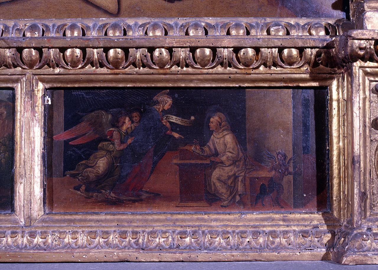 apparizione della Madonna a San Bernardo scrivente (scomparto di predella) di Carli Raffaello detto Raffaellino del Garbo (sec. XVI)