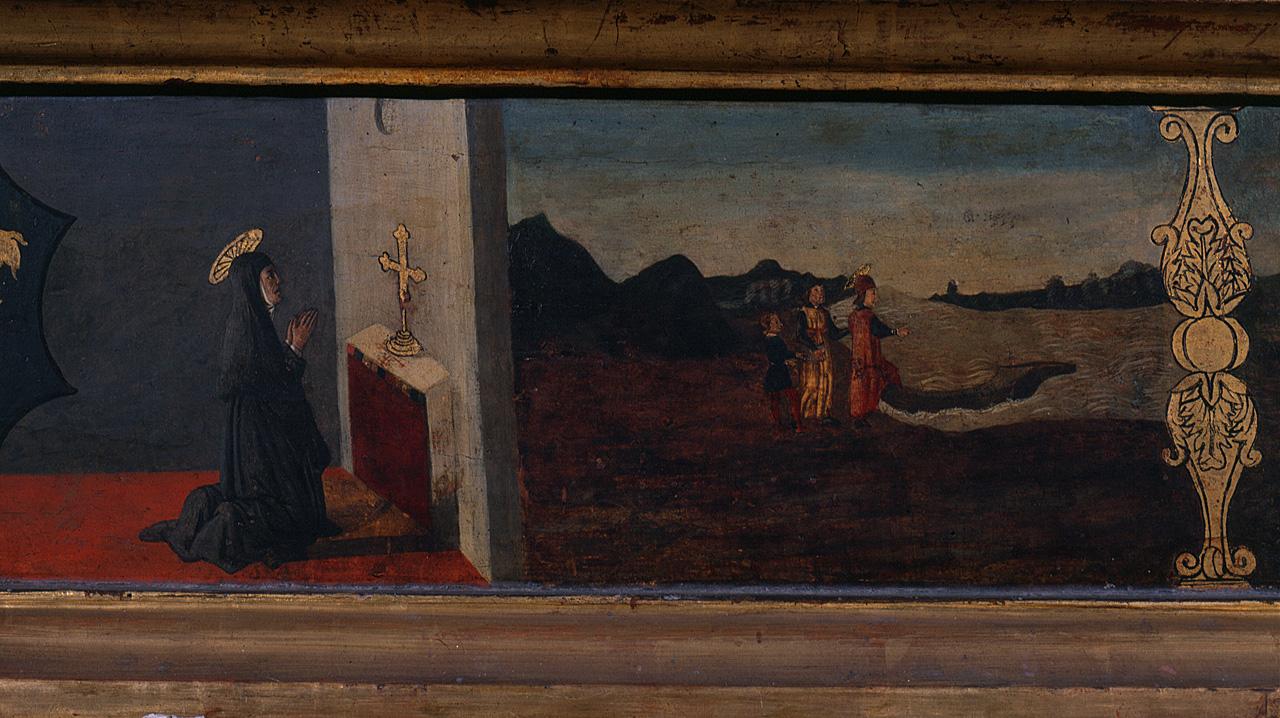 Santa Monica prega per la conversione di Sant'Agostino, Sant'Agostino in partenza per Roma (scomparto di predella) di Botticini Francesco (sec. XV, sec. XV, sec. XV, sec. XV)