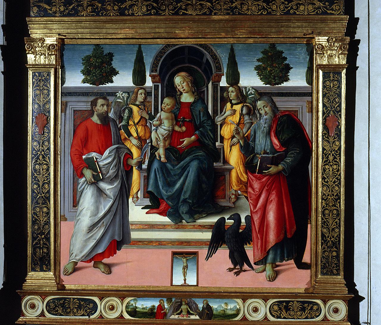 Madonna con Bambino in trono tra angeli e San Bartolomeo e San Giovanni Evangelista (dipinto, elemento d'insieme) di Mazziere Domenico, Agnolo di Domenico di Donnino detto Mazziere (sec. XV)