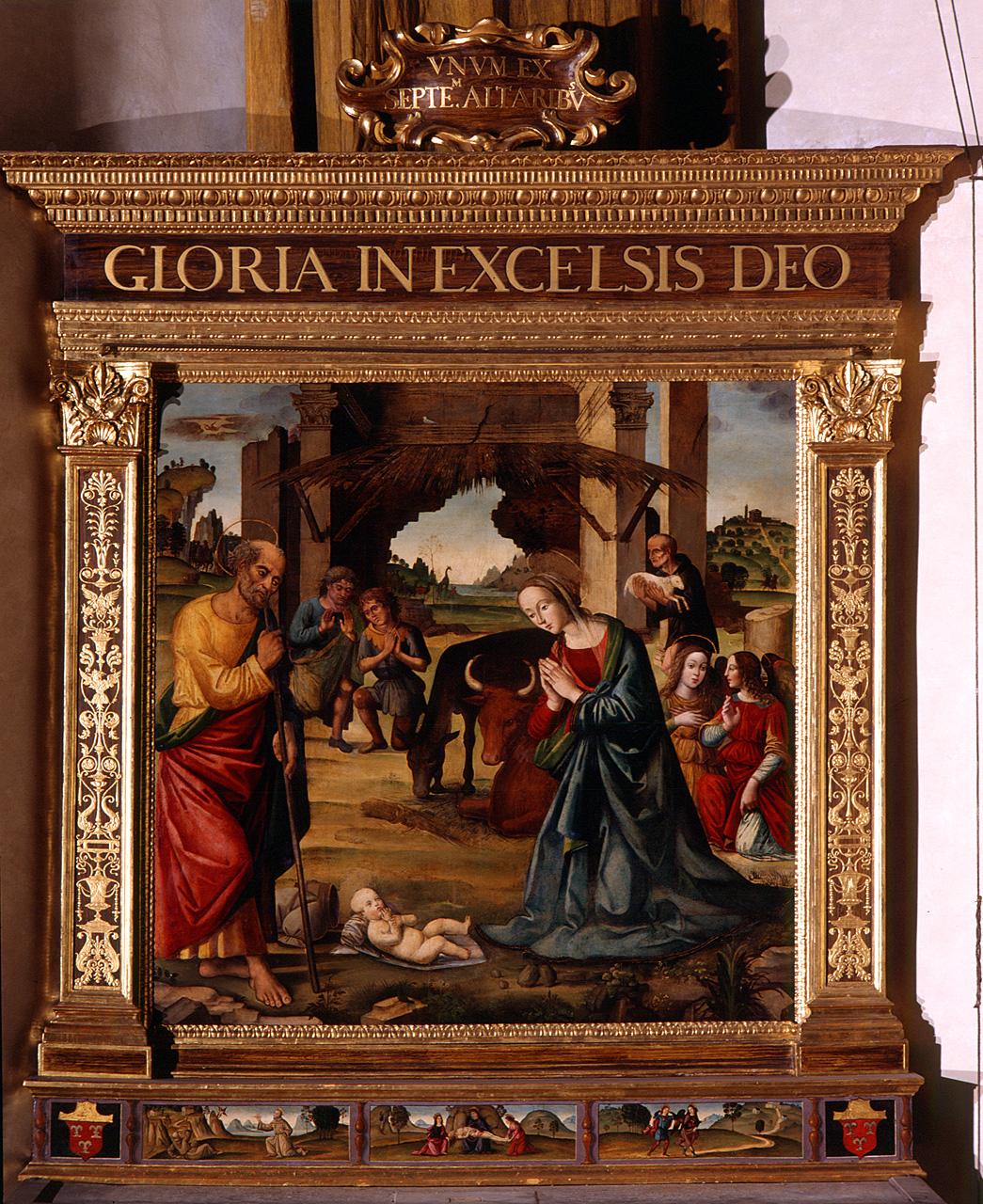 adorazione del Bambino, San Francesco d'Assisi riceve le stimmate, Pietà con San Giovanni evangelista e Santa Maria Maddalena, Tobi e San Raffaele arcangelo (dipinto) di Bigordi Davide detto Davide Ghirlandaio (scuola) (fine/inizio secc. XV/ XVI)