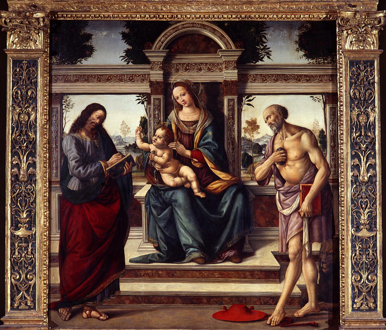 Madonna con Bambino in trono e San Giovanni Evangelista e San Girolamo (dipinto) di Maestro di Santo Spirito (sec. XVI)