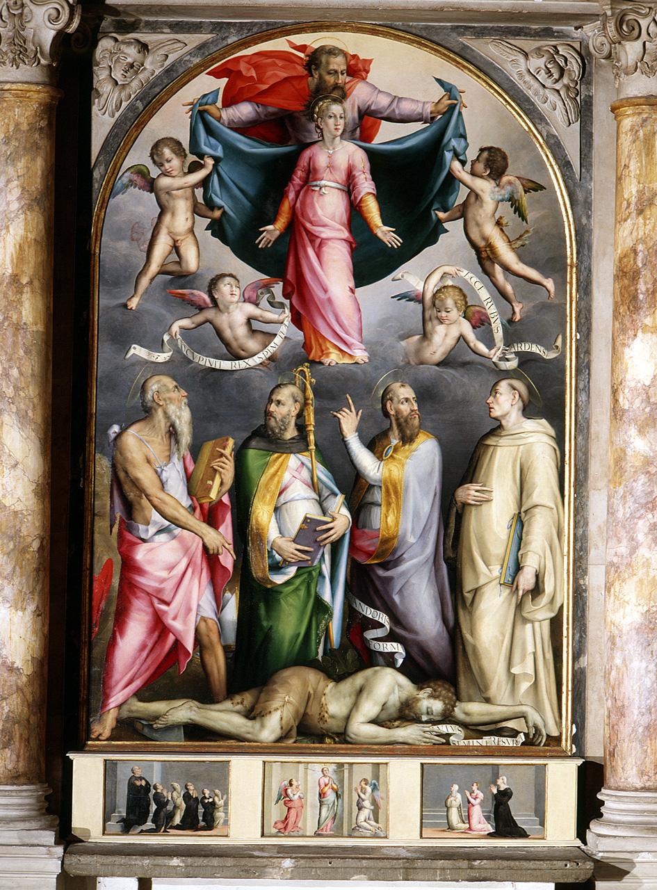 disputa dei Padri della Chiesa sull' Immacolata Concezione, membri della famiglia Torrigiani e confratelli in preghiera, Madonna, angeli (dipinto) di Foschi Pier Francesco detto Piero Francia (sec. XVI)