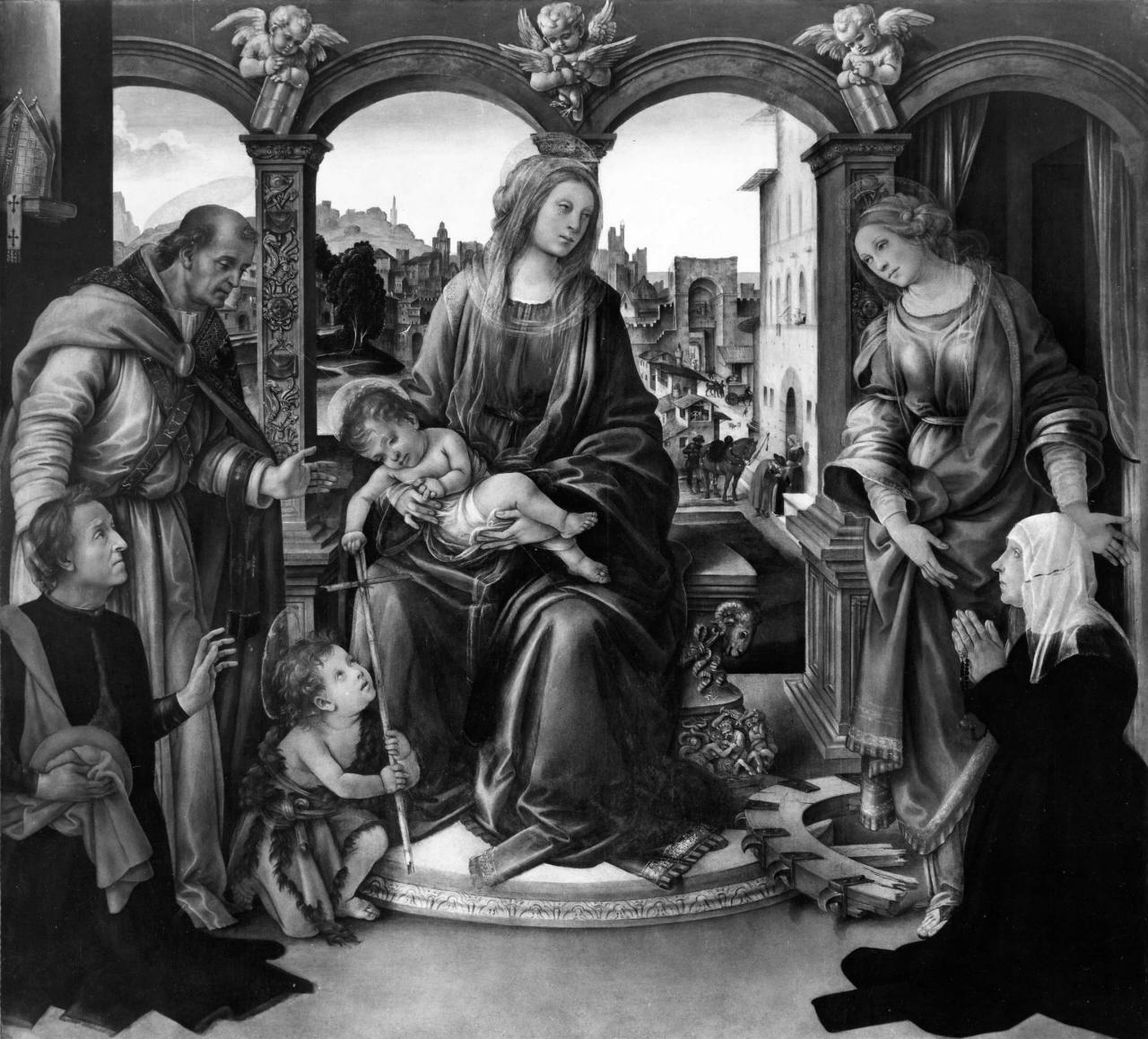 Madonna con Bambino e San Martino, Santa Caterina d'Alessandria e committenti (dipinto) di Lippi Filippino (sec. XV)