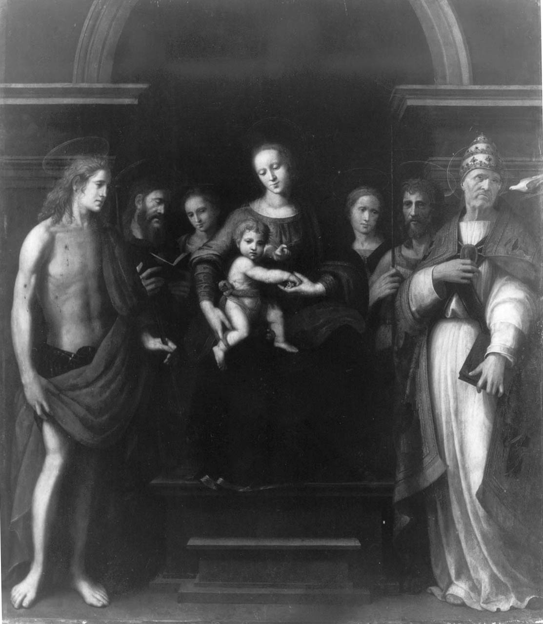 Madonna con Bambino in trono tra San Sebastiano, San Giacomo il Maggiore, San Giovanni Battista, San Gregorio Magno e due Sante (dipinto) di Bigordi Ridolfo detto Ridolfo Ghirlandaio (sec. XVI)