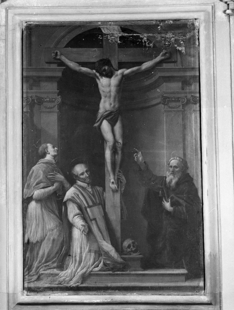 Cristo crocifisso tra Sant'Antonio Abate, San Filippo Neri e San Carlo Borromeo (dipinto) di Hugford Ignazio Enrico (sec. XVIII)