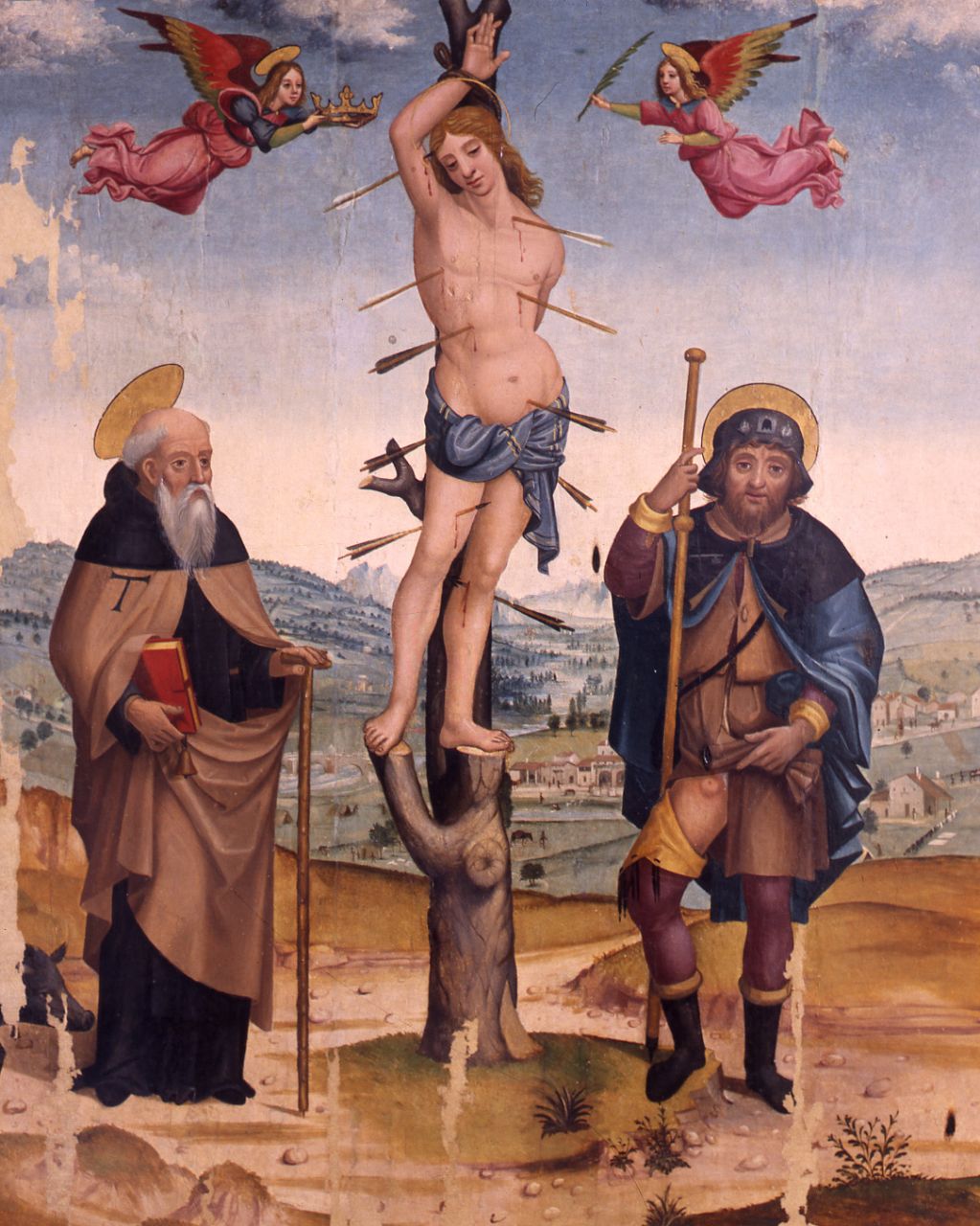 San Sebastiano fra Sant'Antonio Abate e San Rocco (dipinto) di Maestro di Tavarnelle (attribuito) (sec. XVI)