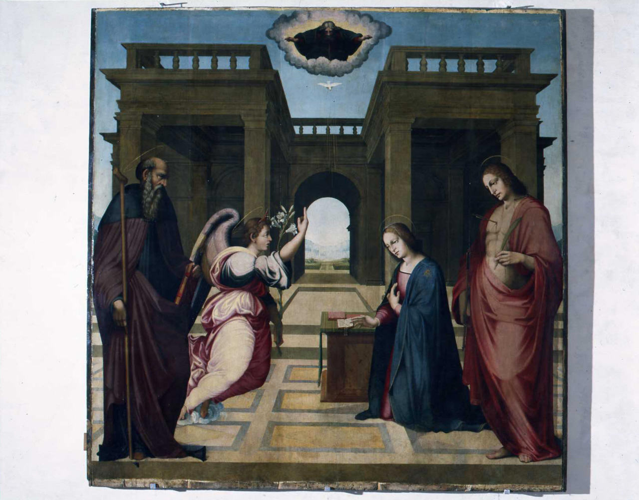 annunciazione tra Sant'Antonio e San Sebastiano (dipinto) di Maestro di Serumido (sec. XVI)