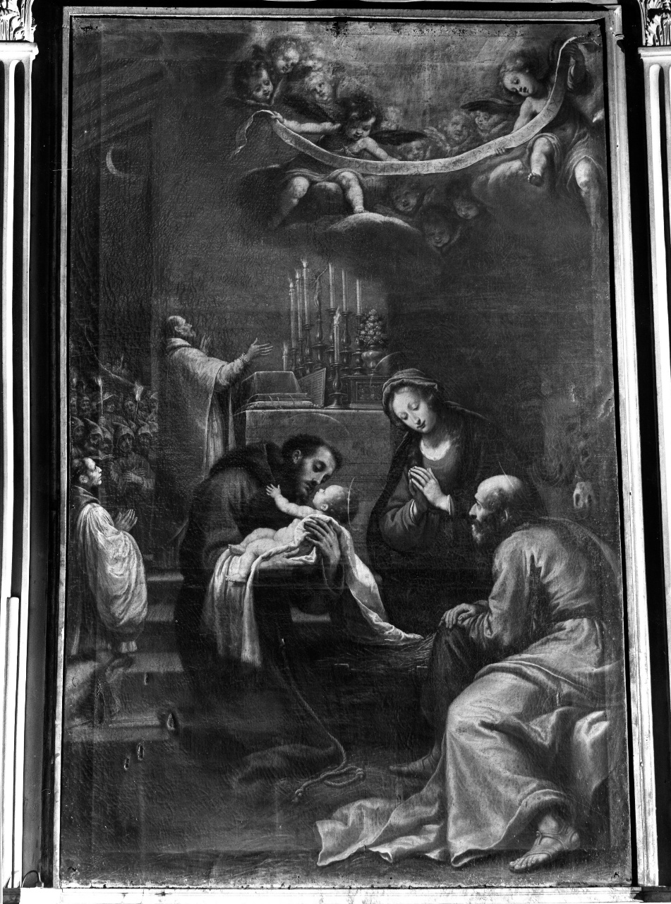San Francesco accoglie tra le sue braccia Gesù Bambino nel presepe di Greccio (dipinto) di Rosselli Matteo (sec. XVII)