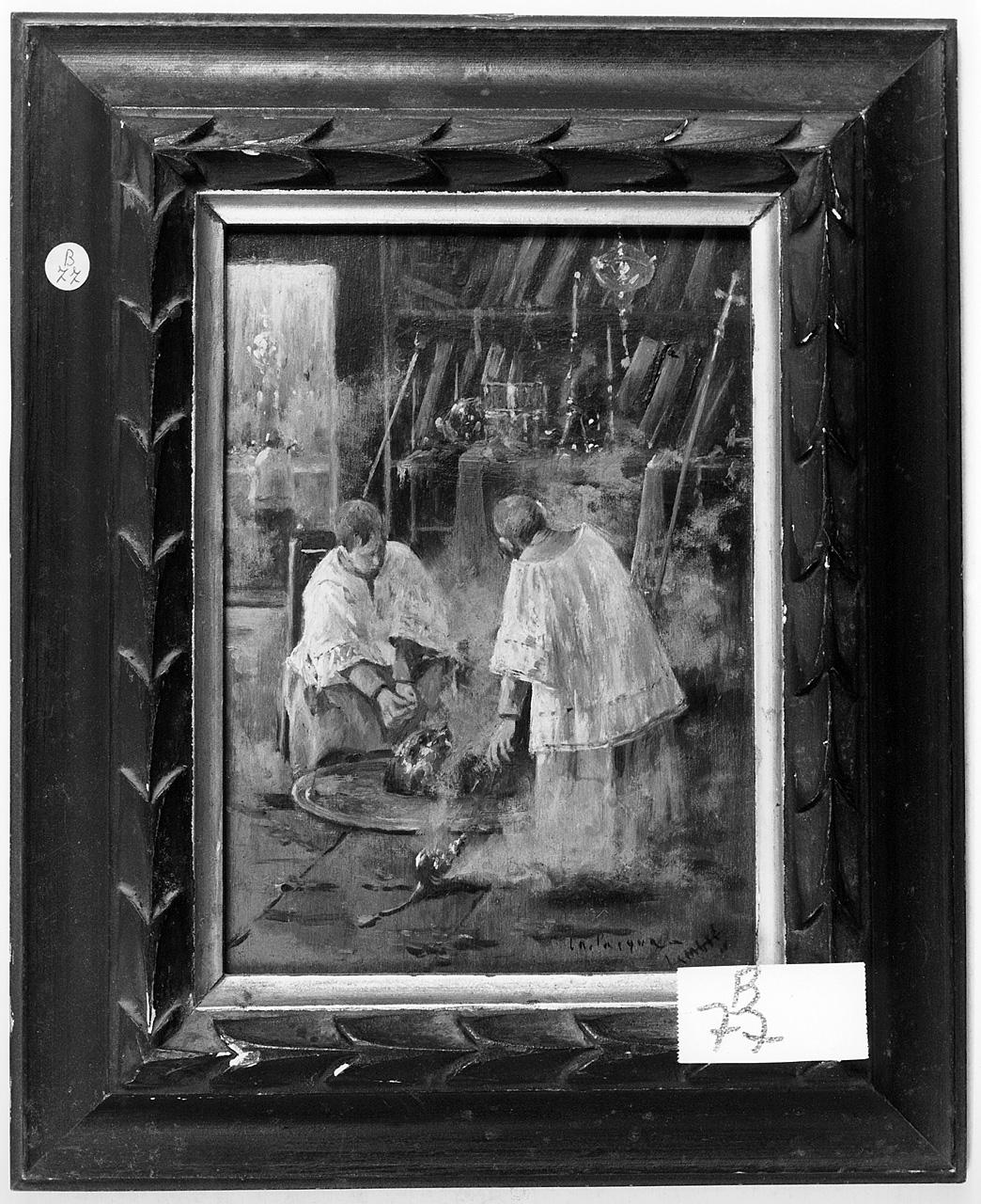 La Pasqua, interno di sacrestia con chierichetti (dipinto) di Lamesi Temistocle (sec. XX)