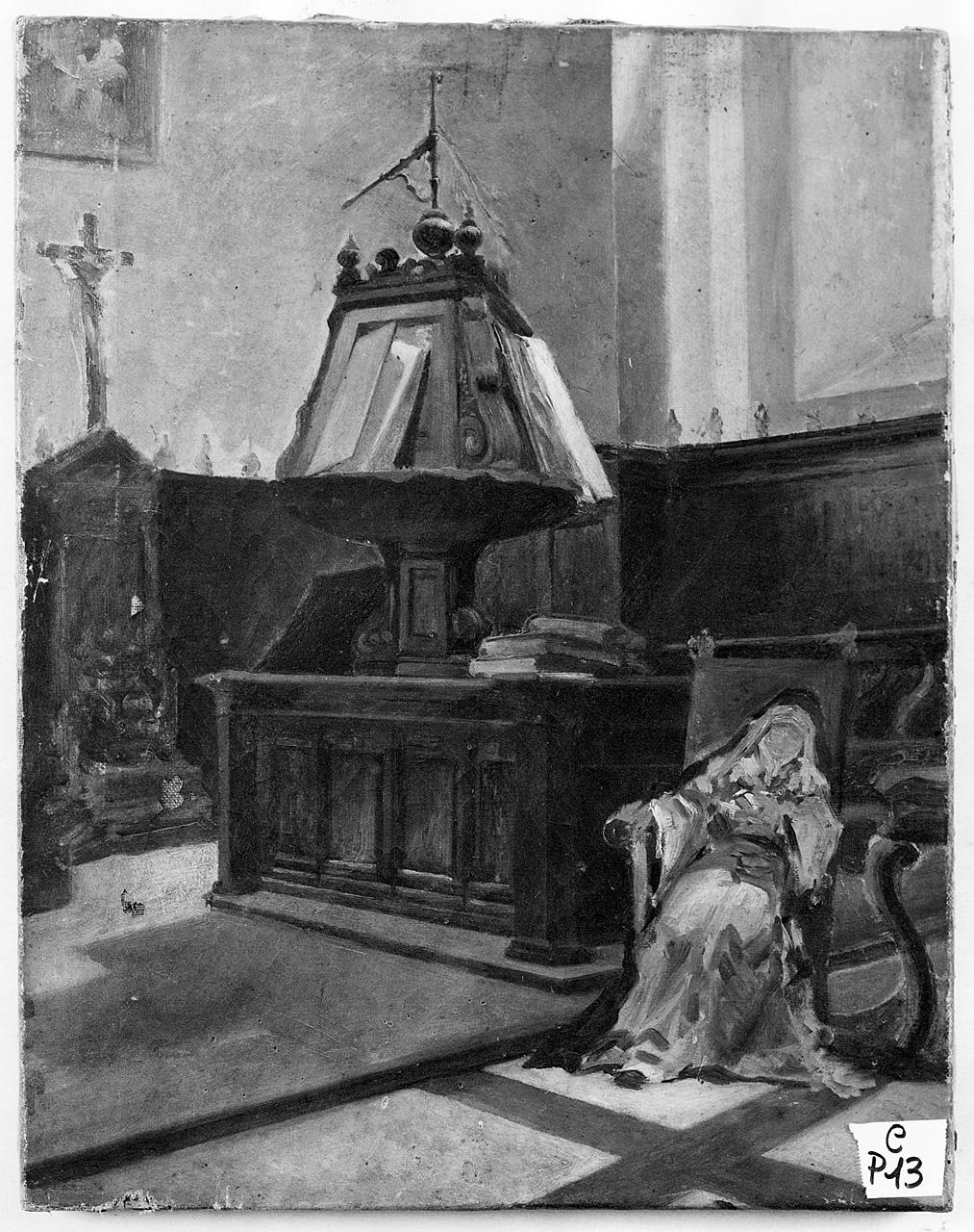 sacrestia con figura seduta (dipinto) - ambito romano (seconda metà sec. XIX)