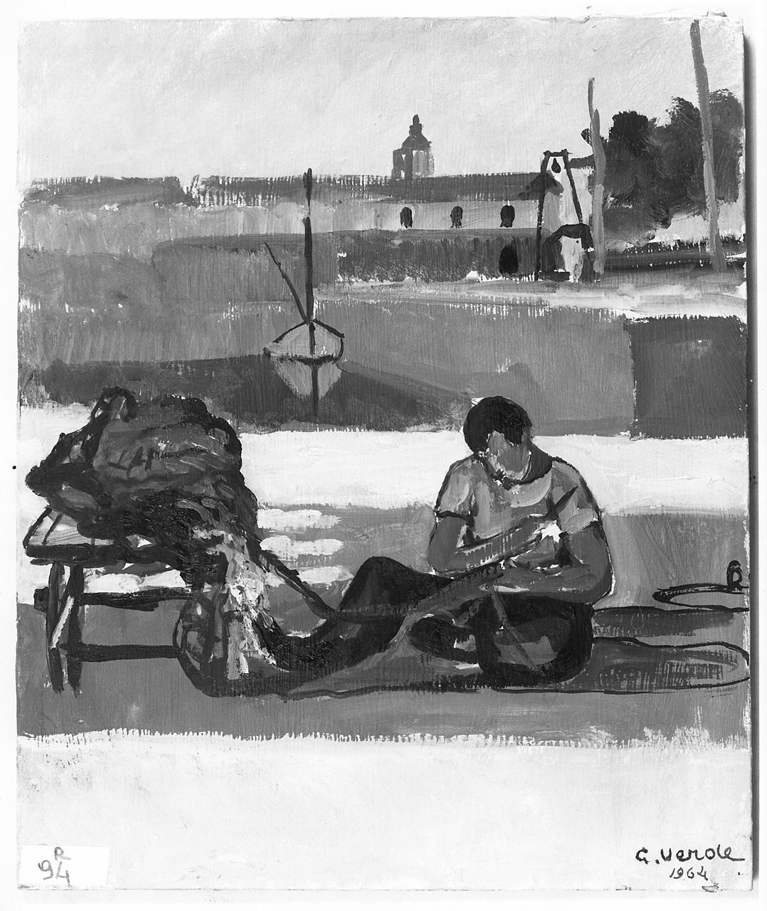 figura maschile seduta (dipinto) di Verde G (sec. XX)