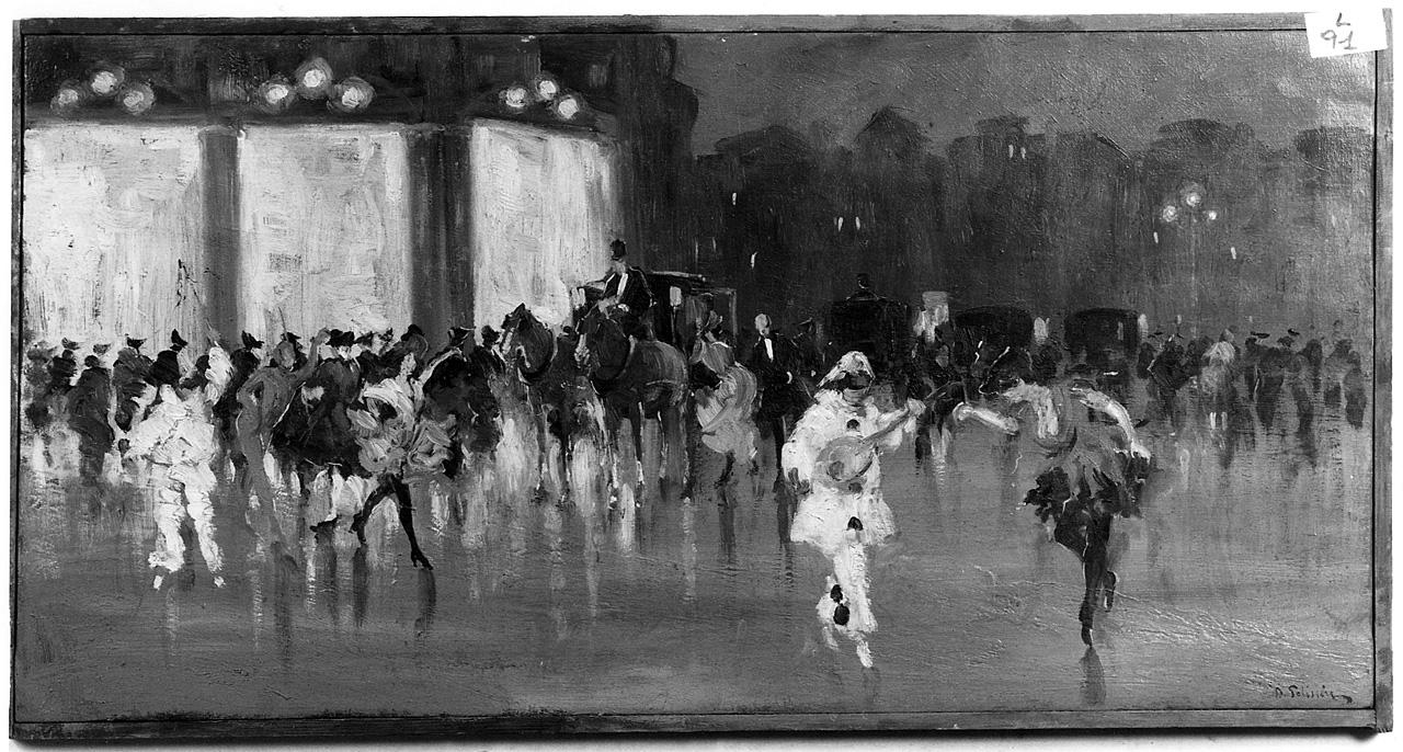 veduta notturna di strada con figure a passeggio e carrozze (dipinto) di Polisieri D (fine sec. XIX)