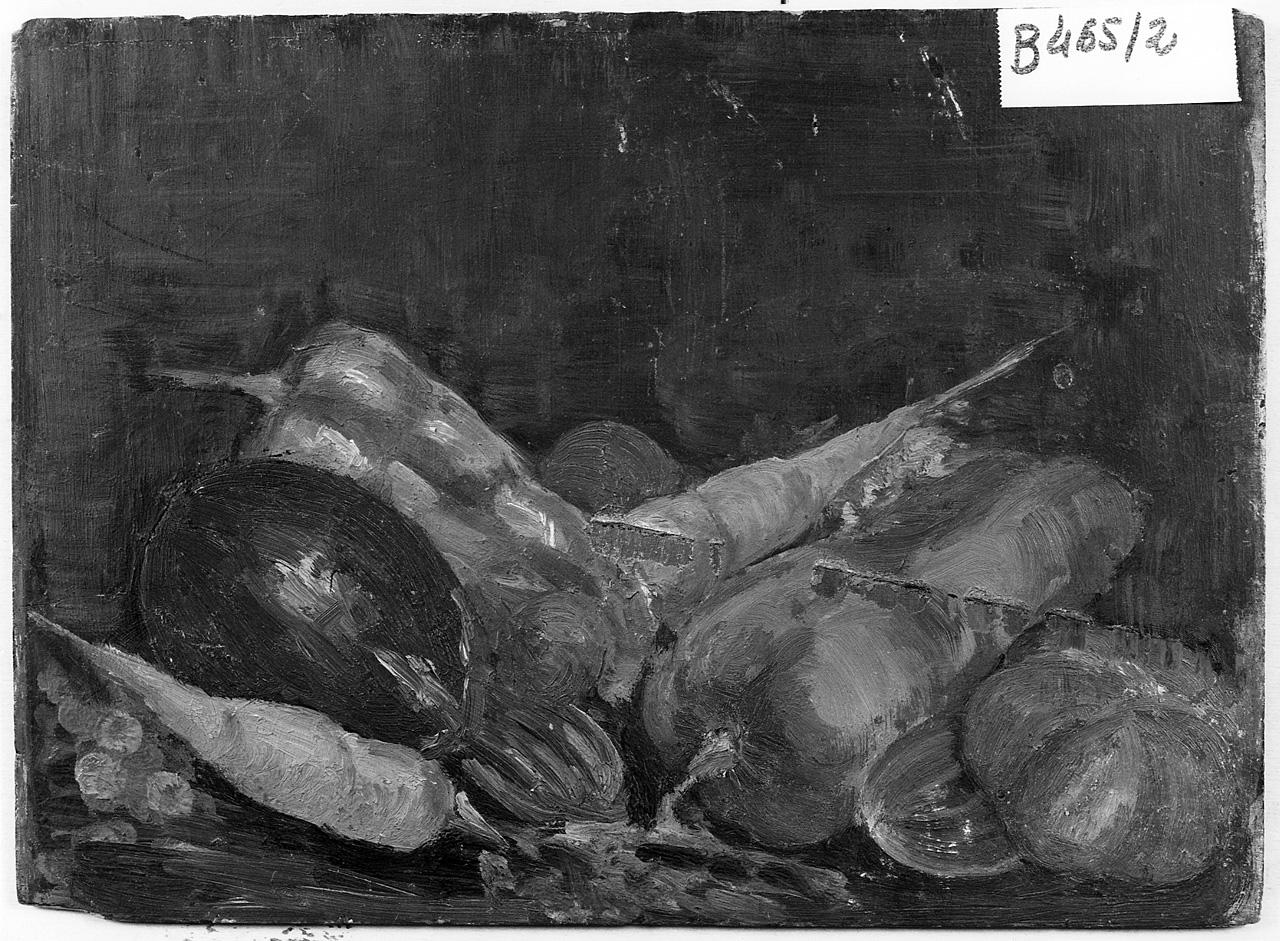 natura morta di verdura e frutta / veduta di paese (dipinto) - ambito toscano (fine sec. XIX)